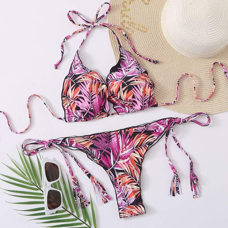

Tropical Lettuce Trim Tie Side Bikini Swimsuit, Multicolor