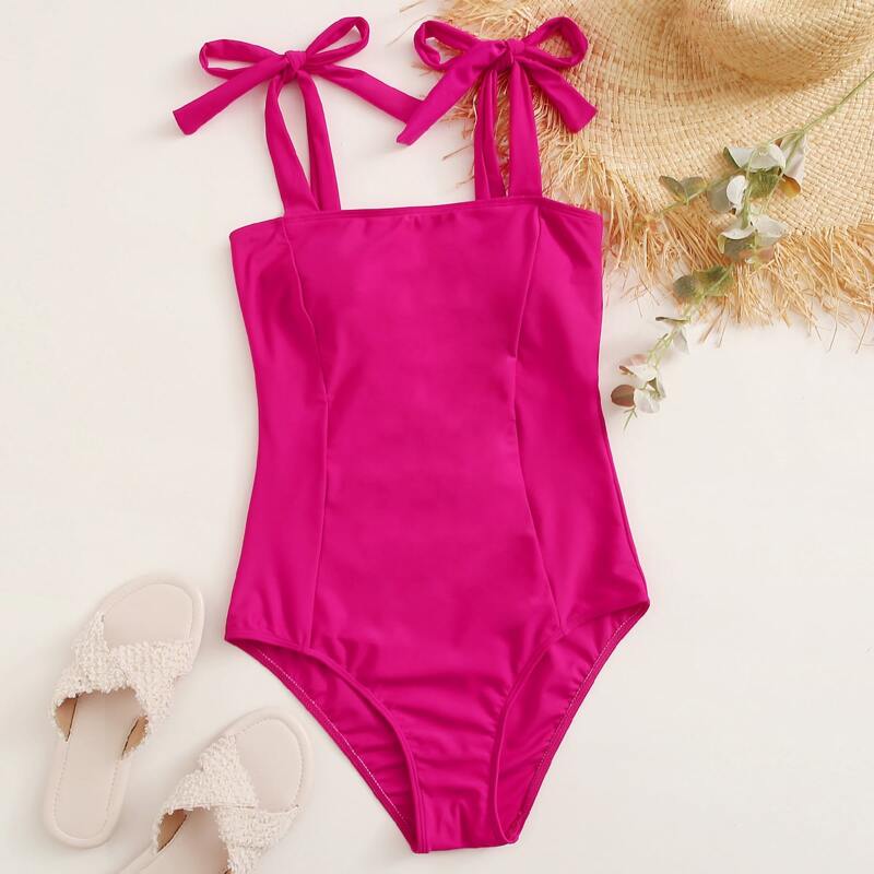 

Tie Shoulder One Piece Swimsuit, Pink