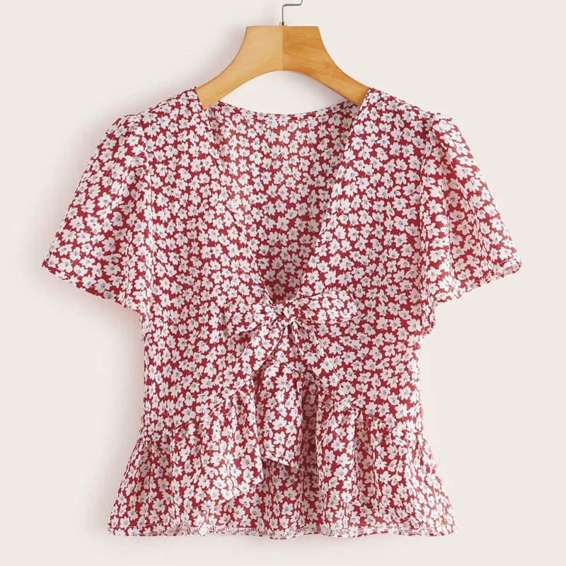 

Floral Tie Front Ruffle Hem Top, Multicolor