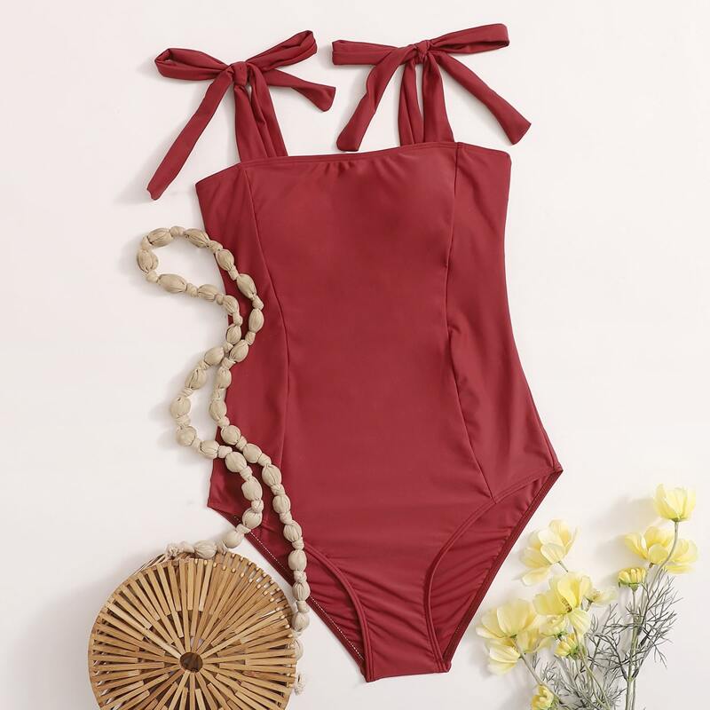 

Tie Shoulder One Piece Swimsuit, Red