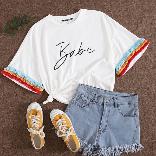 

Layered Fringe Trim Letter Graphic Tee, White