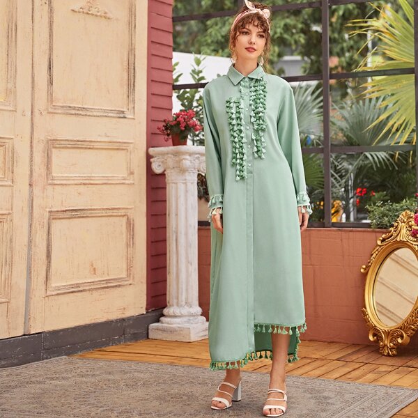 

Tassel Detail Asymmetrical Hem Shirt Dress, Green