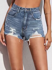 SHEIN Essnce Ripped Raw Hem Denim Shorts Without Belt Bag - Blue - View 1