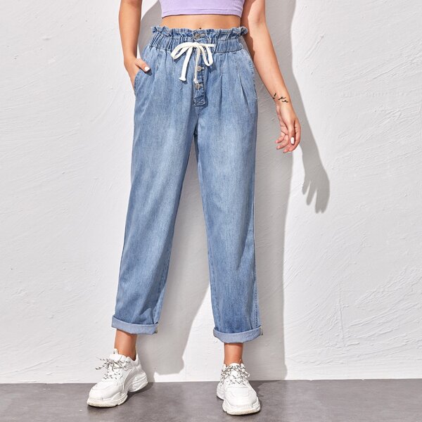 

Tie Paperbag Waist Straight Leg Jeans, Blue pastel