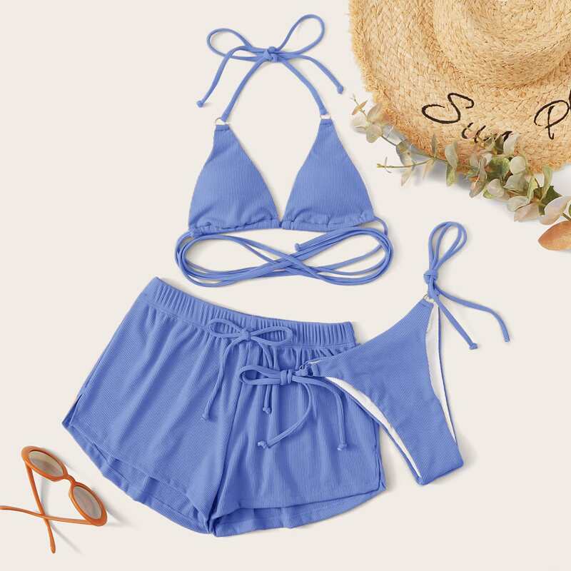 

3pack Rib Triangle Tie Side Co-ord Bikini Swimsuit, Blue