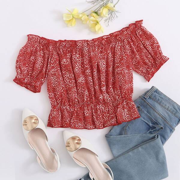 

Frill Trim Ditsy Floral Bardot Top, Red