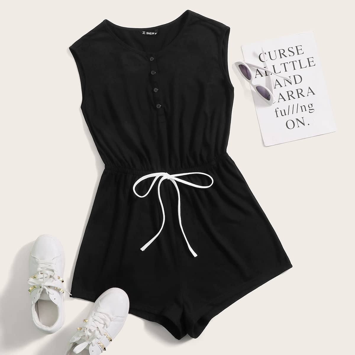 

Drawstring Waist Half Placket Romper, Black