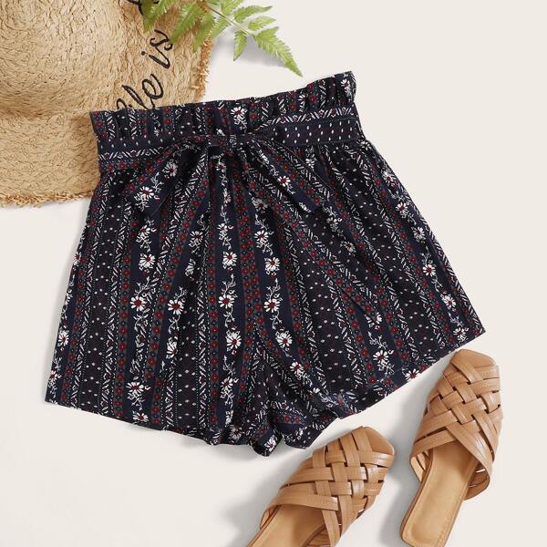 

Paperbag Waist Belted Tribal Shorts, Black