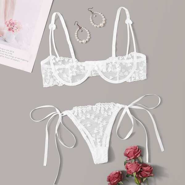 

Embroidery Mesh Underwire Lingerie Set, White