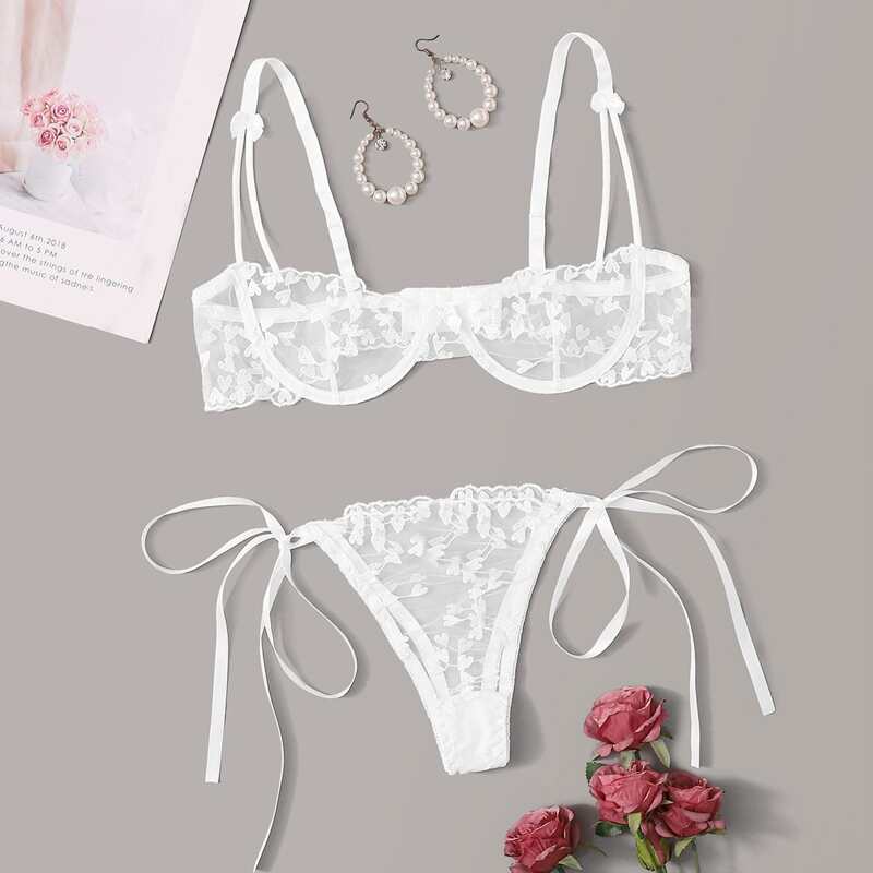 

Embroidery Mesh Underwire Lingerie Set, White
