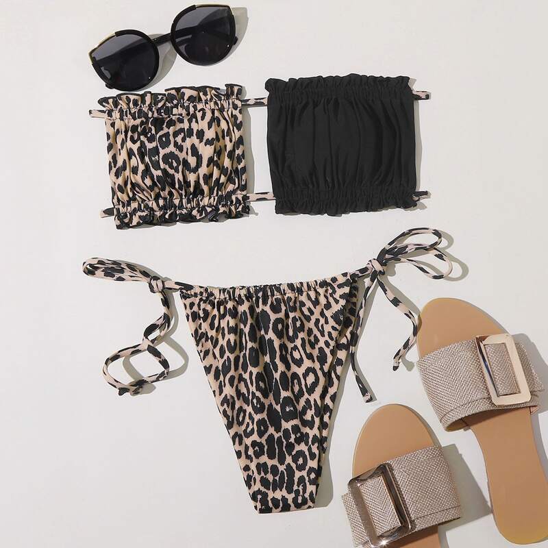 

Leopard Ruched Bandeau Tie Side Bikini Swimsuit, Multicolor