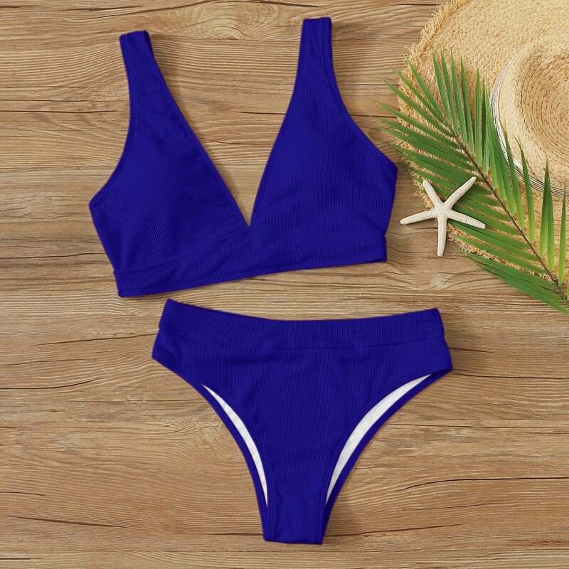 

Rib V Neck Bikini Swimsuit, Blue