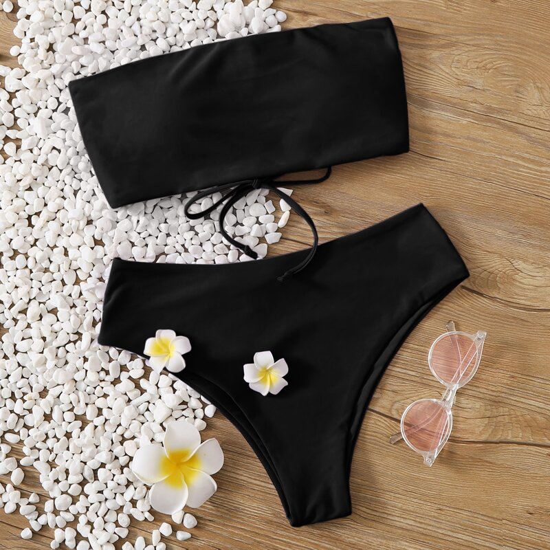 

Lace-up Back Bandeau Bikini Swimsuit, Black