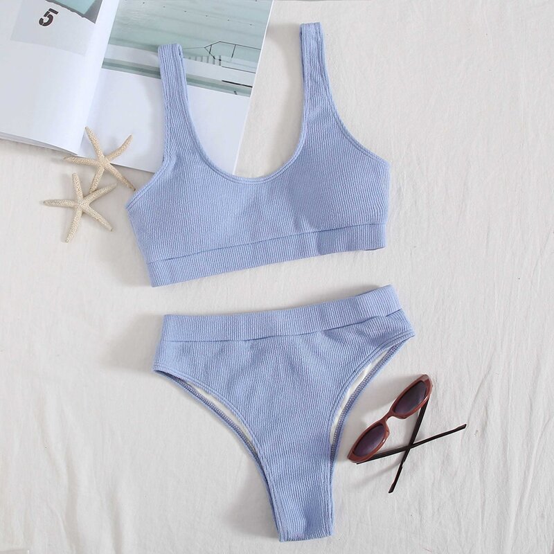 

Rib High Waisted Bikini Swimsuit, Blue
