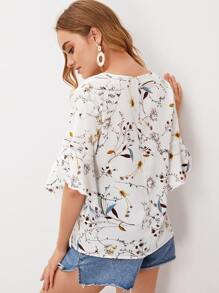 SHEIN LUNE v領植物圖案荷葉邊袖上衣 - 白色 - 查看 2
