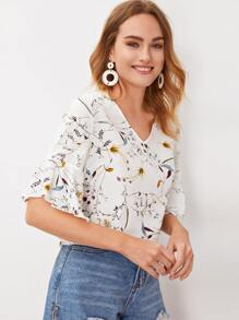 SHEIN LUNE v領植物圖案荷葉邊袖上衣 - 白色 - 查看 4