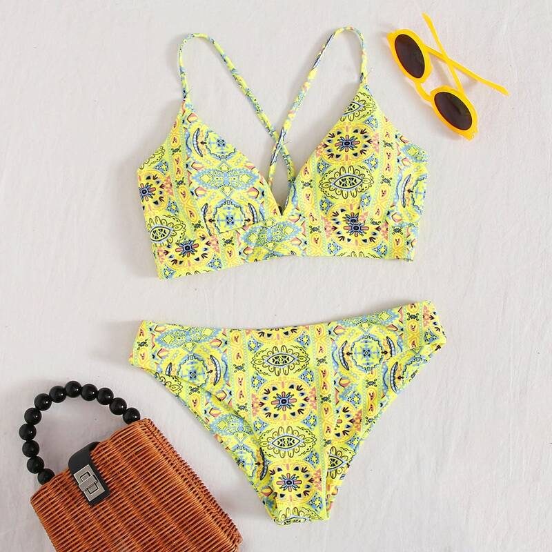 

Tribal Lace-up Back Bikini Swimsuit, Multicolor