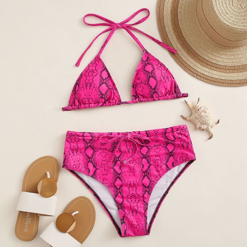 

Snakeskin Halter Triangle Bikini Swimsuit, Pink