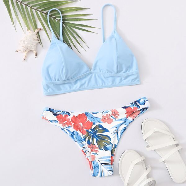 

Tropical Seam Detail Bikini Swimsuit, Blue
