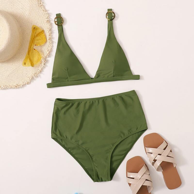 Triangle High Waisted Bikini Swimsuit, Army green