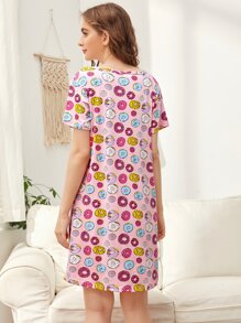 All Over Donuts Print Pajama Night Dress - Pink - View 2