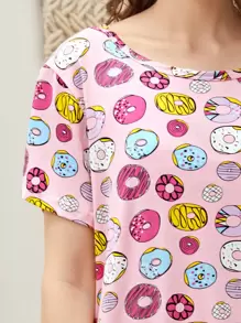 All Over Donuts Print Pajama Night Dress - Pink - View 5