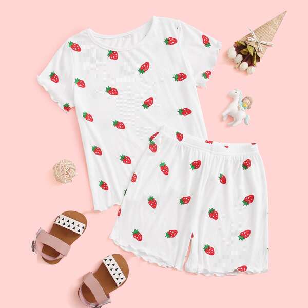 

Toddler Girls Strawberry Print Lettuce Trim Tee & Shorts, White