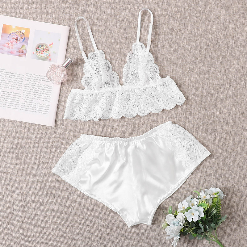

Floral Lace Bralette With Satin Shorts, White