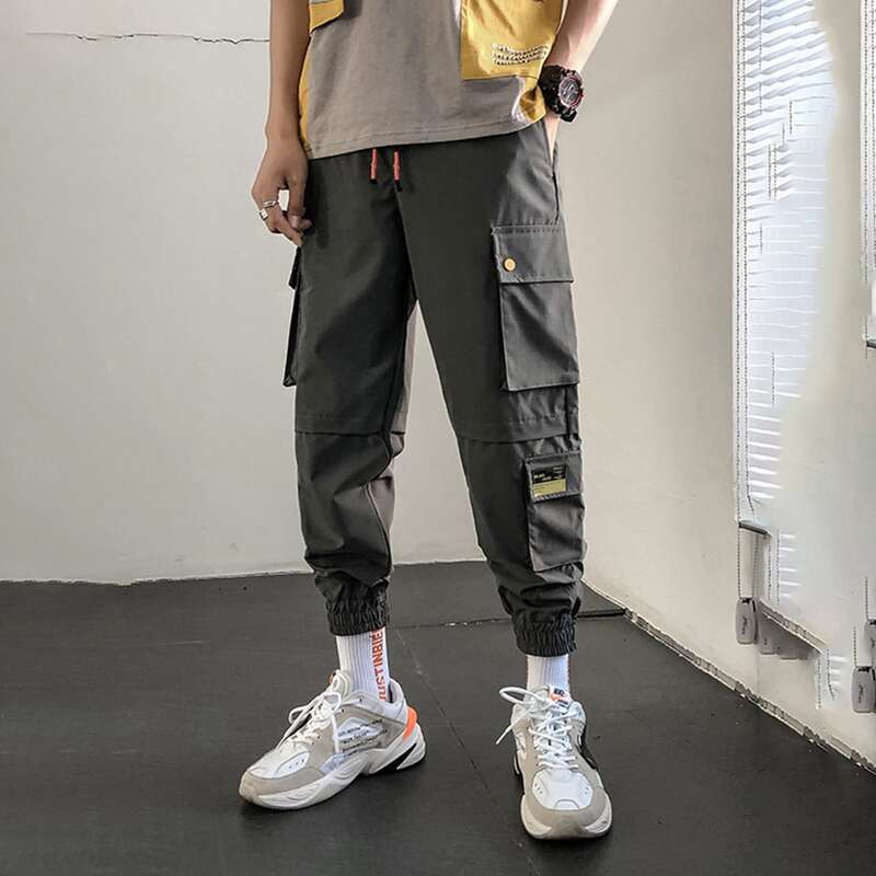 

Guys Flap Pocket Patched Drawstring Waist Cargo Pants, Grey