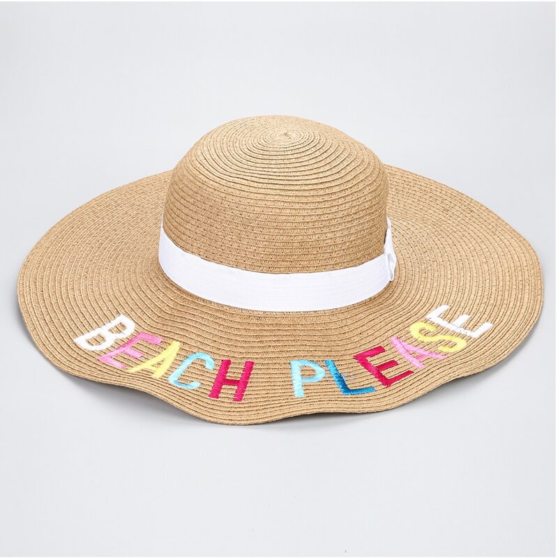 

Letter Embroidery Straw Hat, Beige