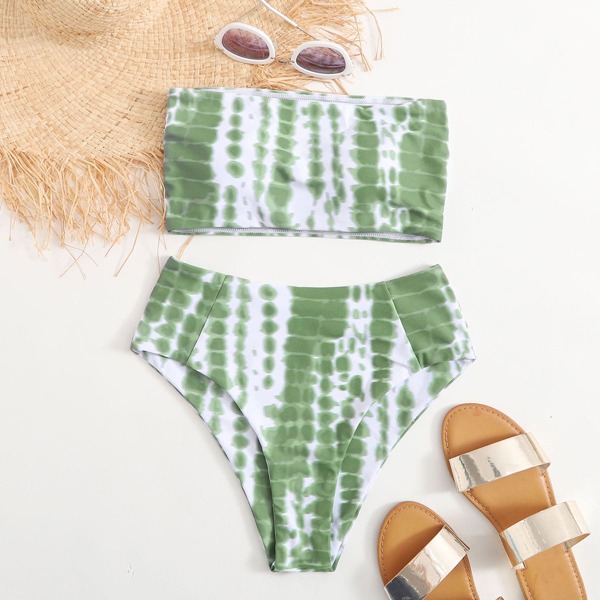 

Tie Dye Bandeau High Waisted Bikini Swimsuit, Green