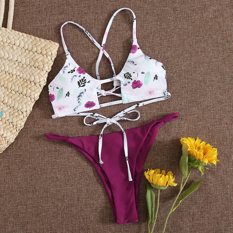

Floral Cut-out Tie Back Tanga Bikini Swimsuit, Multicolor