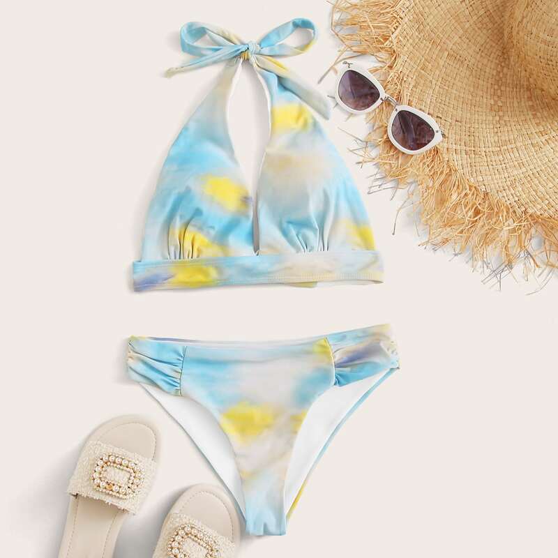 

Tie Back Halter Bikini Swimsuit, Multicolor