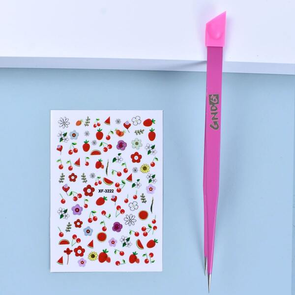 

Flower Pattern Nail Sticker & Tweezers, Multicolor