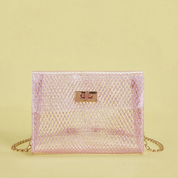

Clear Twist Lock Chain Crossbody Bag, Pink