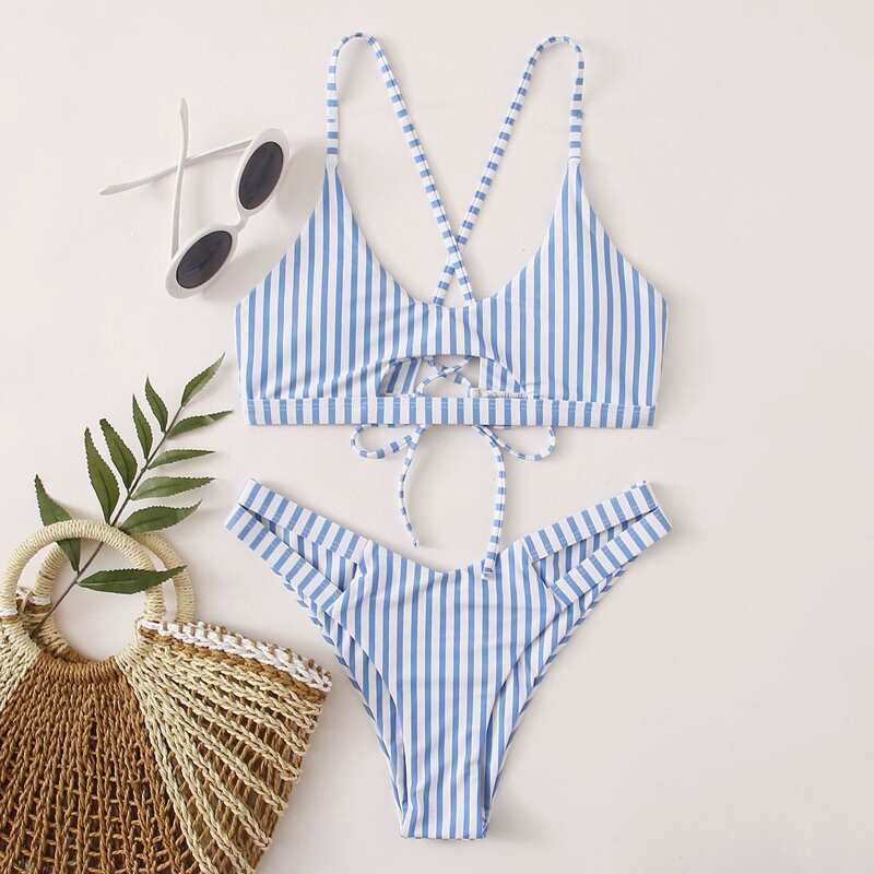 

Striped Cut-out Tie Back Bikini Swimsuit, Blue