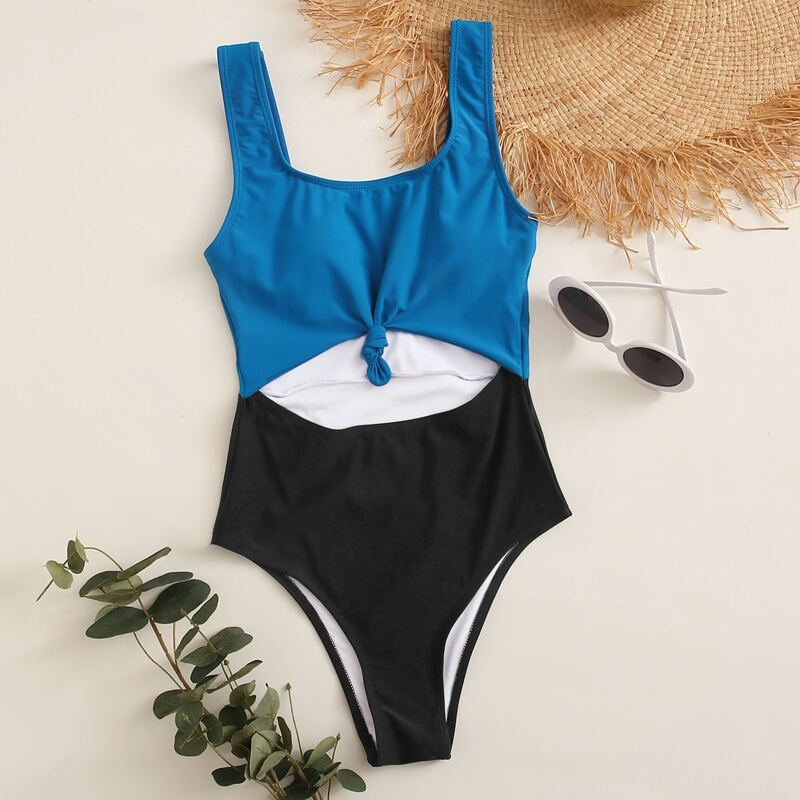 

Color Block Knot Front One Piece Swimsuit, Multicolor
