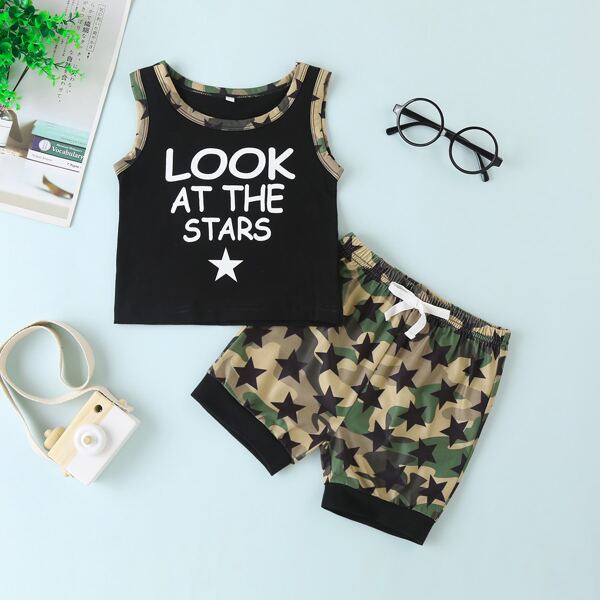 

Baby Boy Camo & Slogan Print Tank Top & Shorts, Multicolor