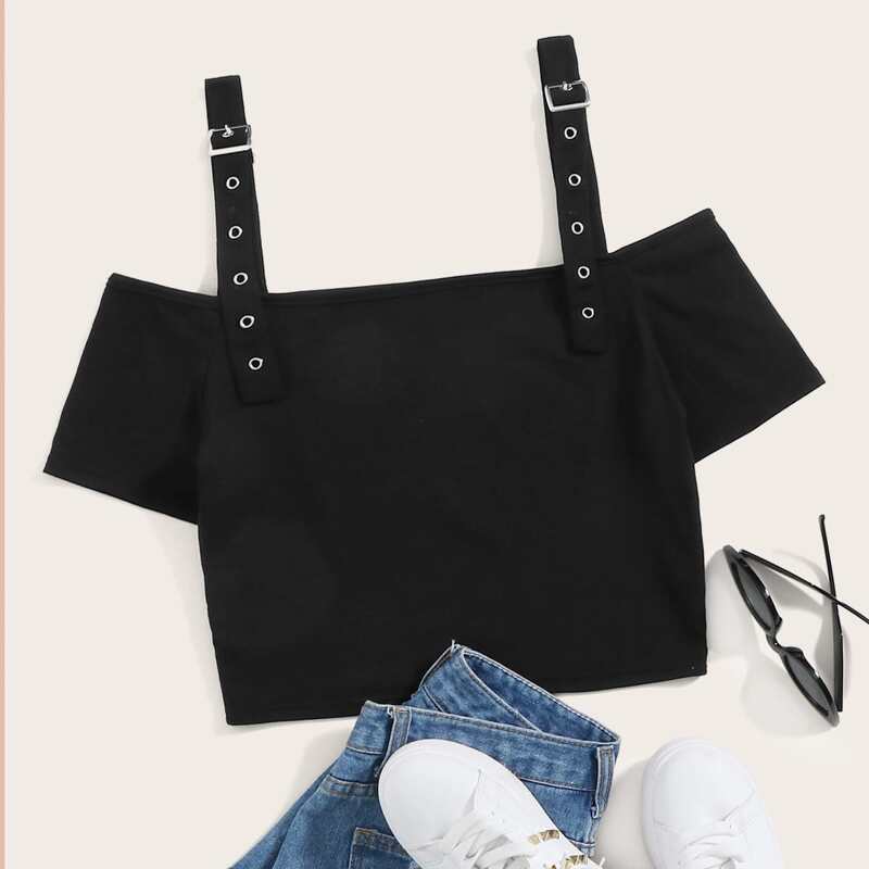 

Eyelet Buckle Strap Crop Top, Black