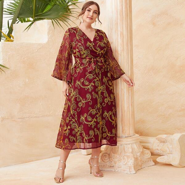 

Plus Tribal Embroidered Mesh Belted Dress, Burgundy
