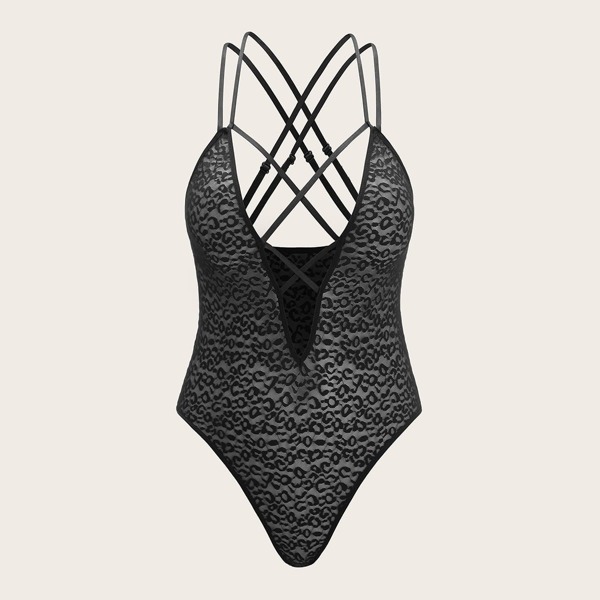 

Кружевное боди размера плюс с леопардовым узором, Чёрный