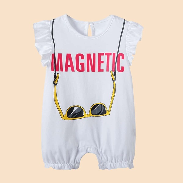 

Baby Girl Glass & Letter Graphic Ruffle Trim Romper, White