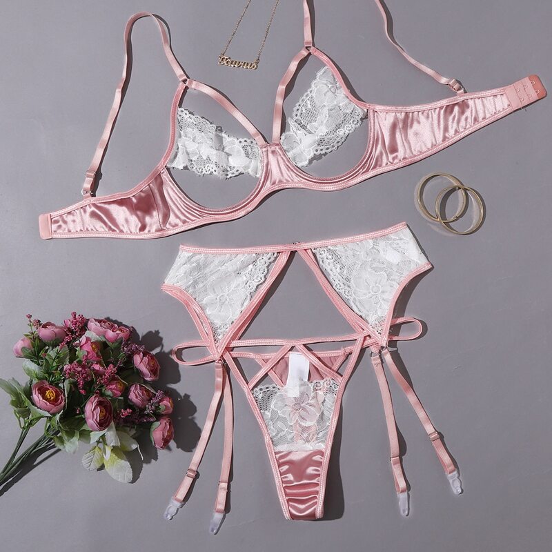 

Floral Lace Garter Underwire Satin Lingerie Set, Pink