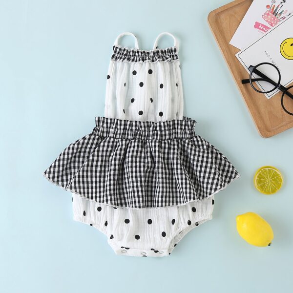 

Baby Girl Gingham Ruffle Polka Dot Cami Bodysuit, Black and white