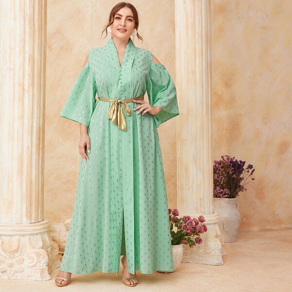 

Plus Geo Print Cold Shoulder Pearls Button Belted Dress, Green