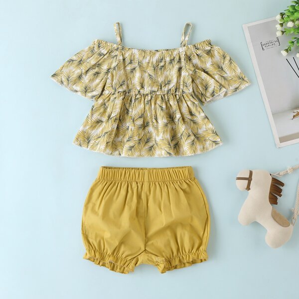 

Baby Girl Plants Print Cold Shoulder Top & Shorts, Multicolor