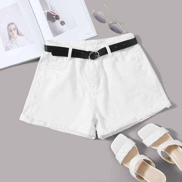 

Solid Rolled Hem Denim Shorts With Belt, White