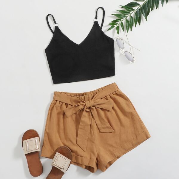 

O-ring Strap Cami Top & Self Belted Shorts Set, Multicolor
