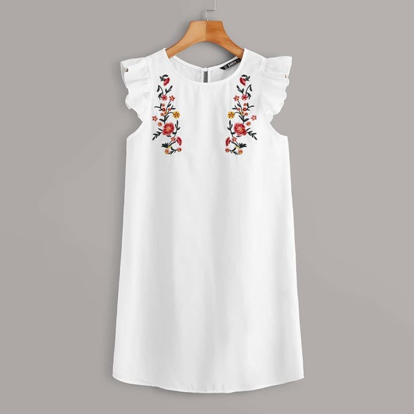 

Floral Embroidery Ruffle Trim Dress, White