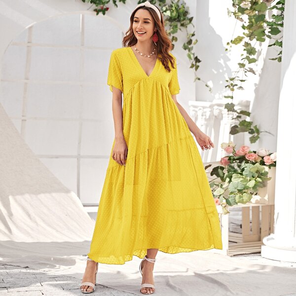 

Swiss Dot Ruffle Hem Long Dress, Yellow